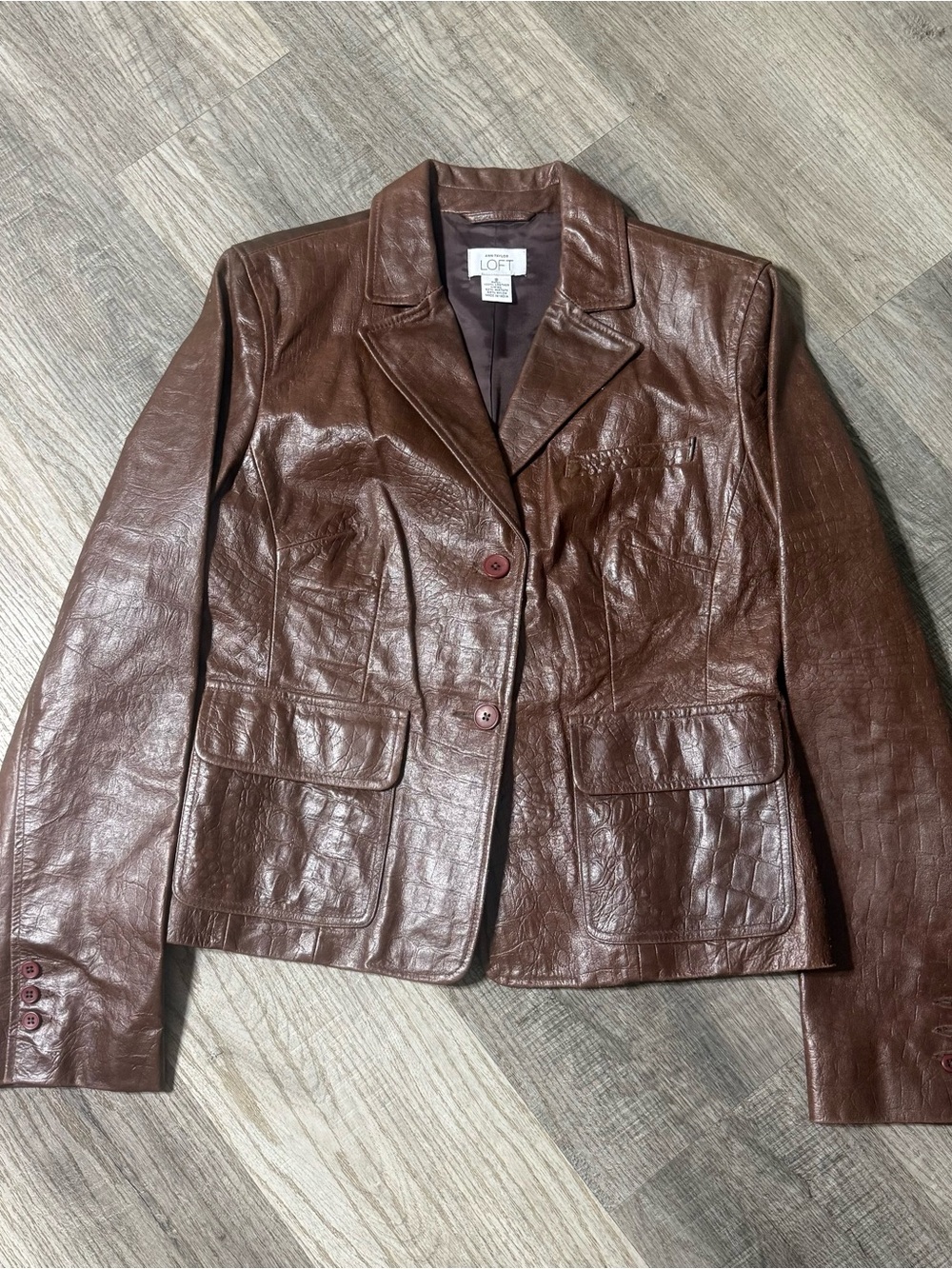 Ann Taylor LOFT Genuine Leather Croc Embossed Blazer Jacket Brown Size 8